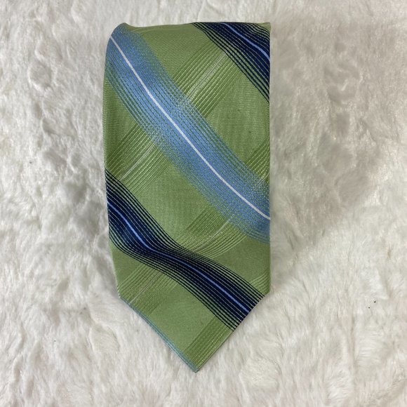 MICHAEL Michael Kors Lime Green and Blue Stripe Pattern 100% Silk Necktie Tie - Picture 2 of 4